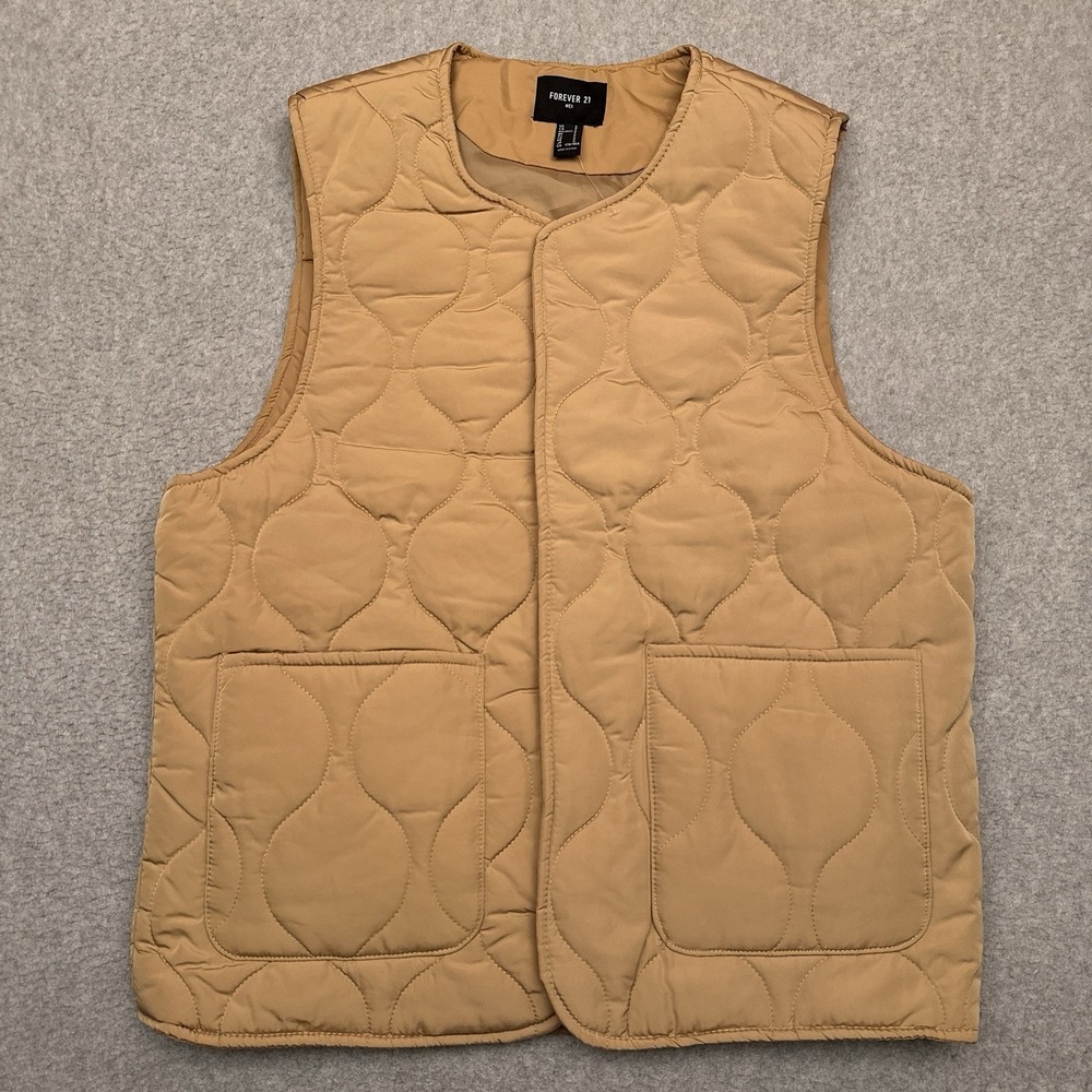 NEW Forever‎ 21 Men's Quilted Vest Small Tan Snap Button Pockets Lightweight